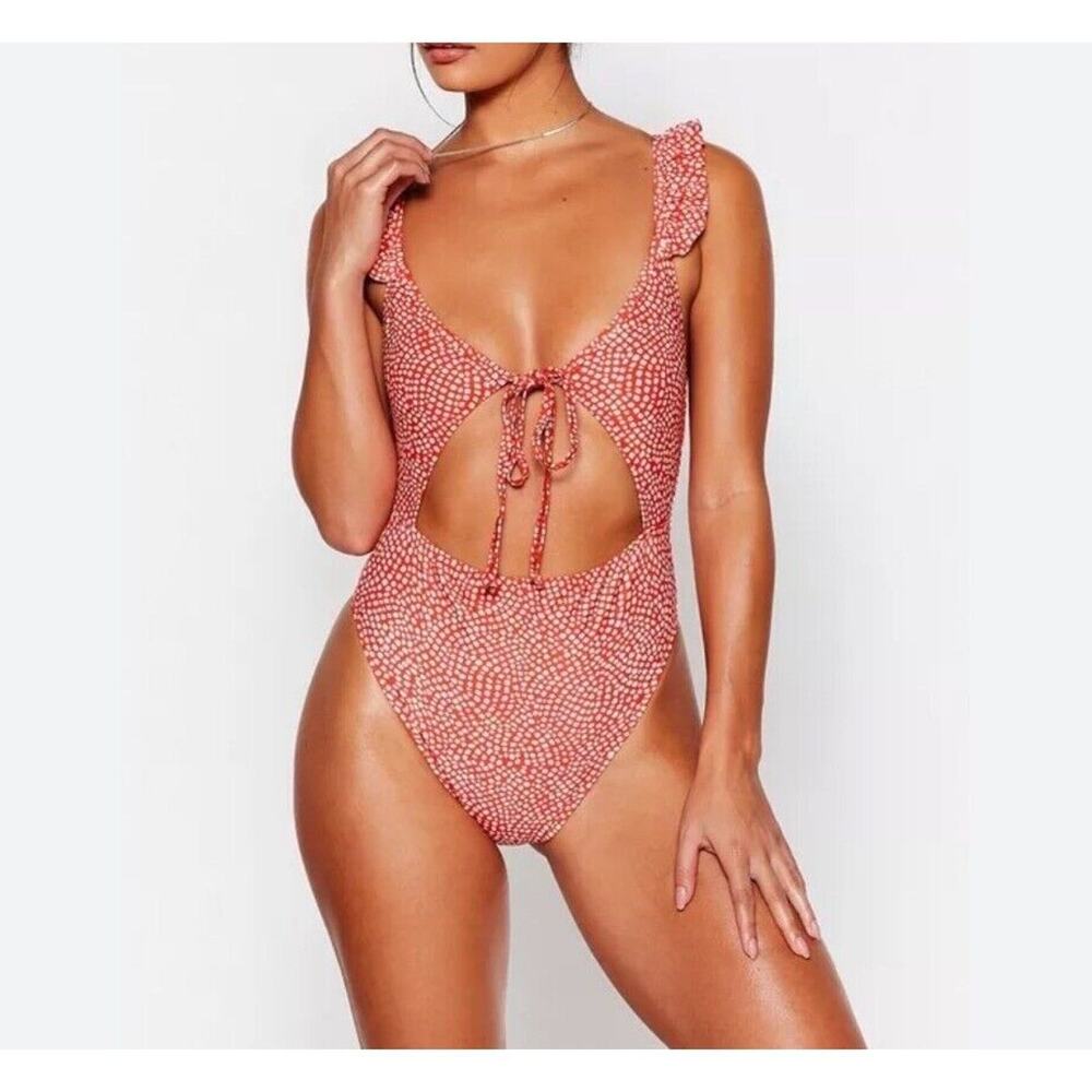 Nasty Gal Swimsuit Womens 8 Red White Animal Print Cut Out Strappy Vacation Pool